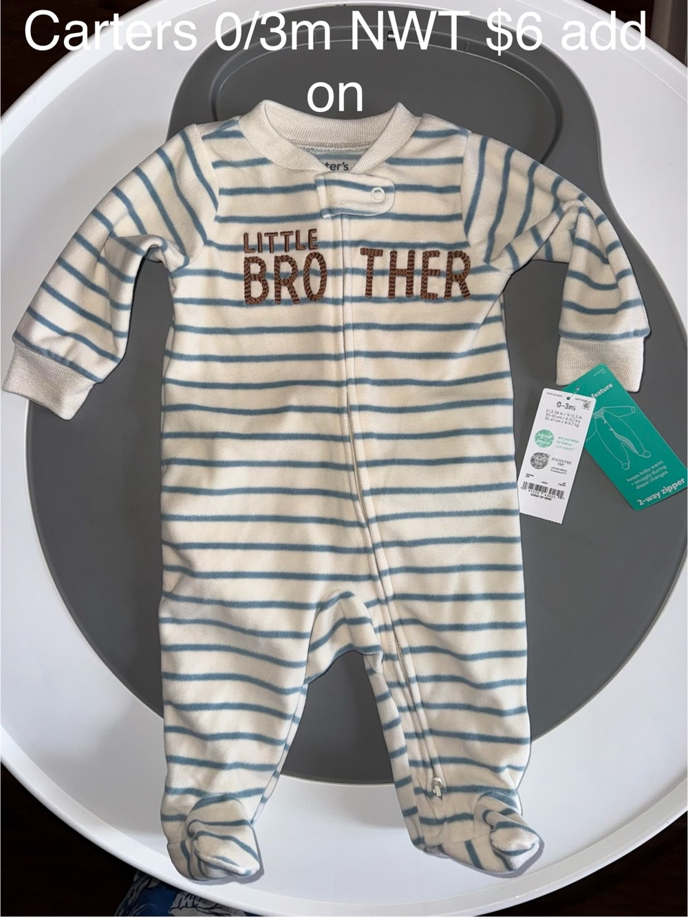 Carter's Cream and Blue Striped 'Little Brother' Footed Fleece One-Piece
